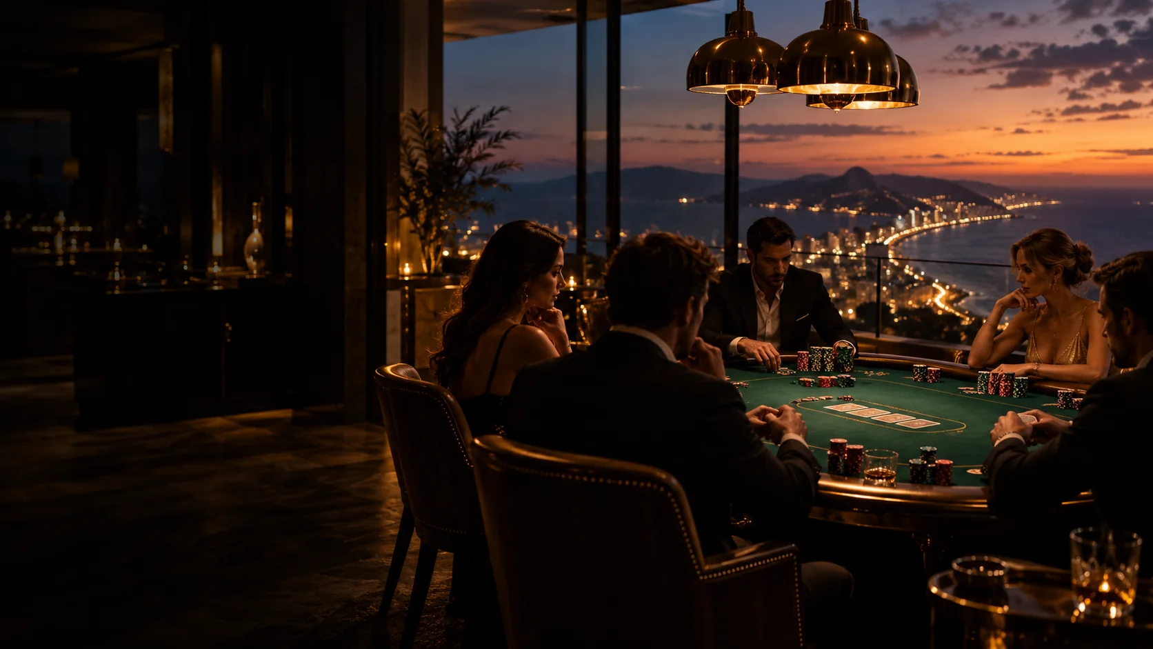Vista ilustrativa de una mesa de póker privada frente al mar al atardecer
