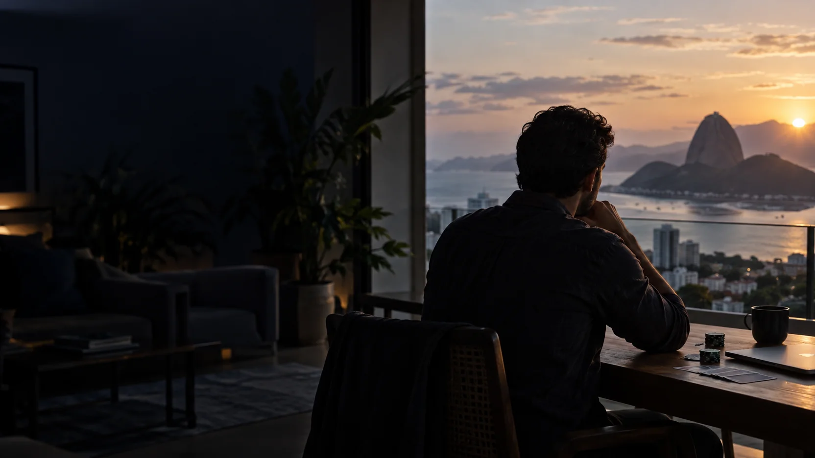 Jugador de póker contemplando la ciudad y el mar al amanecer