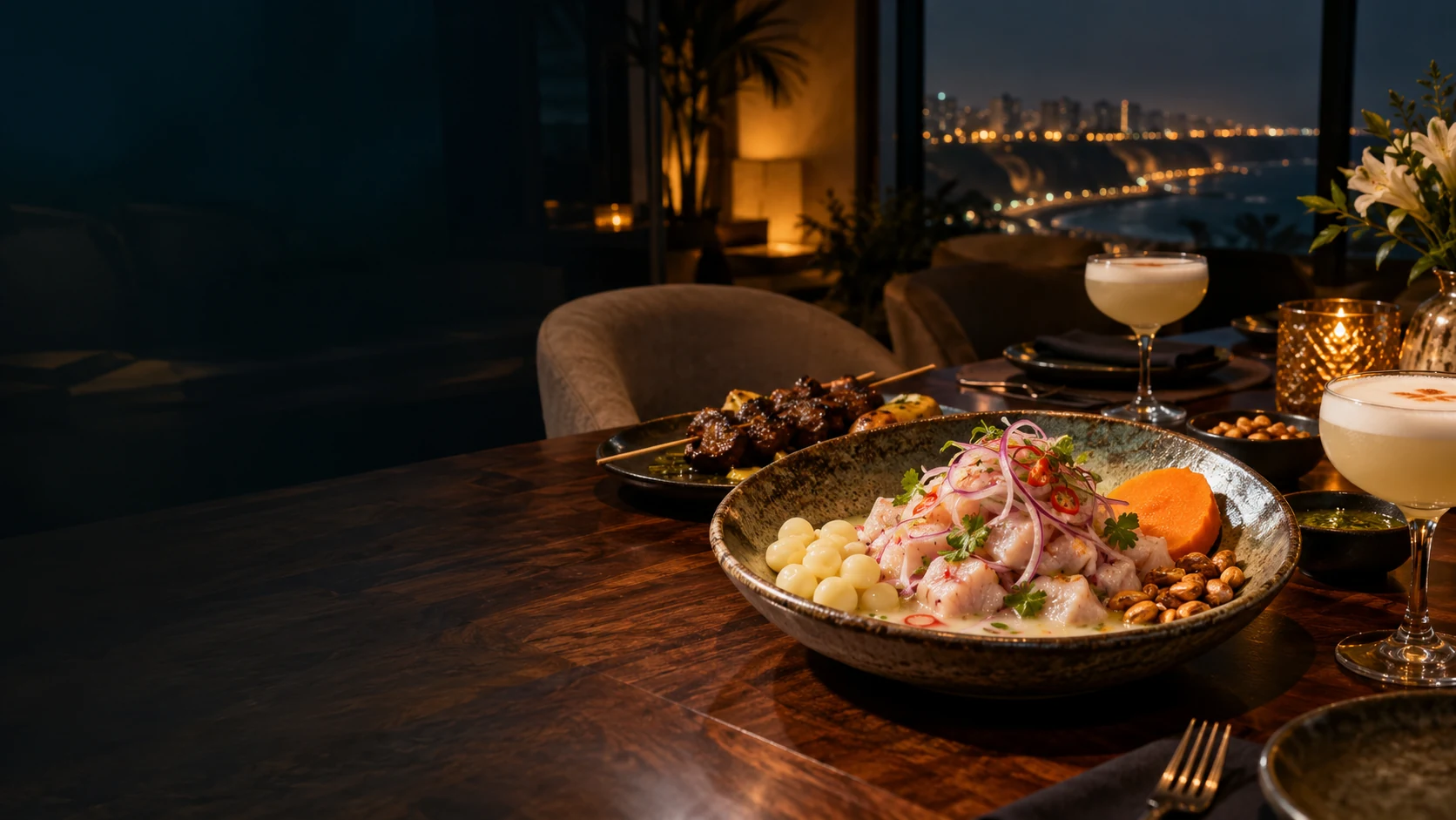 Illustrative editorial scene of Peruvian ceviche, anticuchos and pisco at an evening table overlooking Lima
