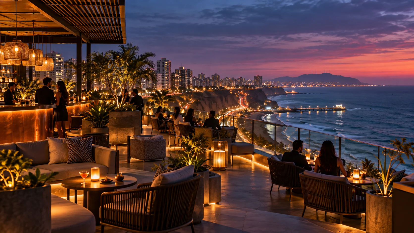 Concept illustration of a Miraflores rooftop overlooking the Pacific