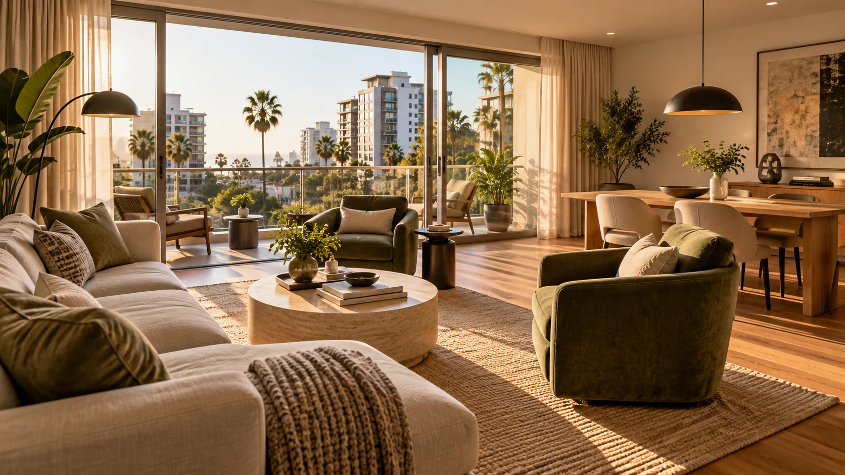 Illustrative concept of a warm, contemporary two-player apartment living room in Miraflores