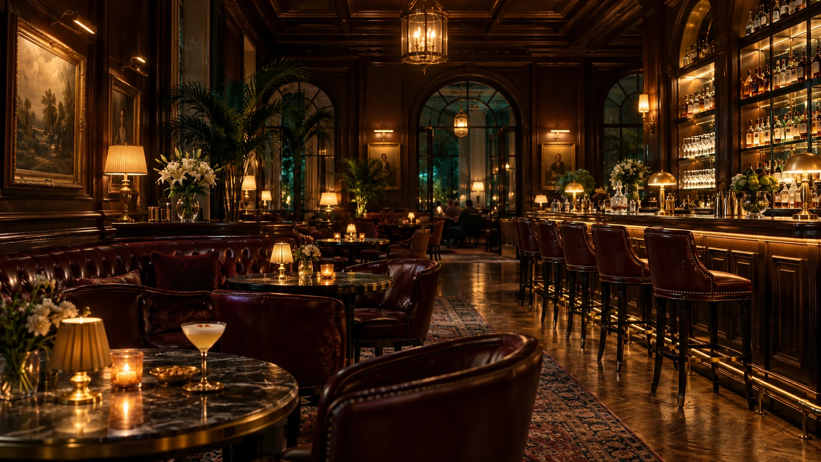 Illustrative concept of a classic San Isidro hotel cocktail lounge, not the actual Bar Inglés