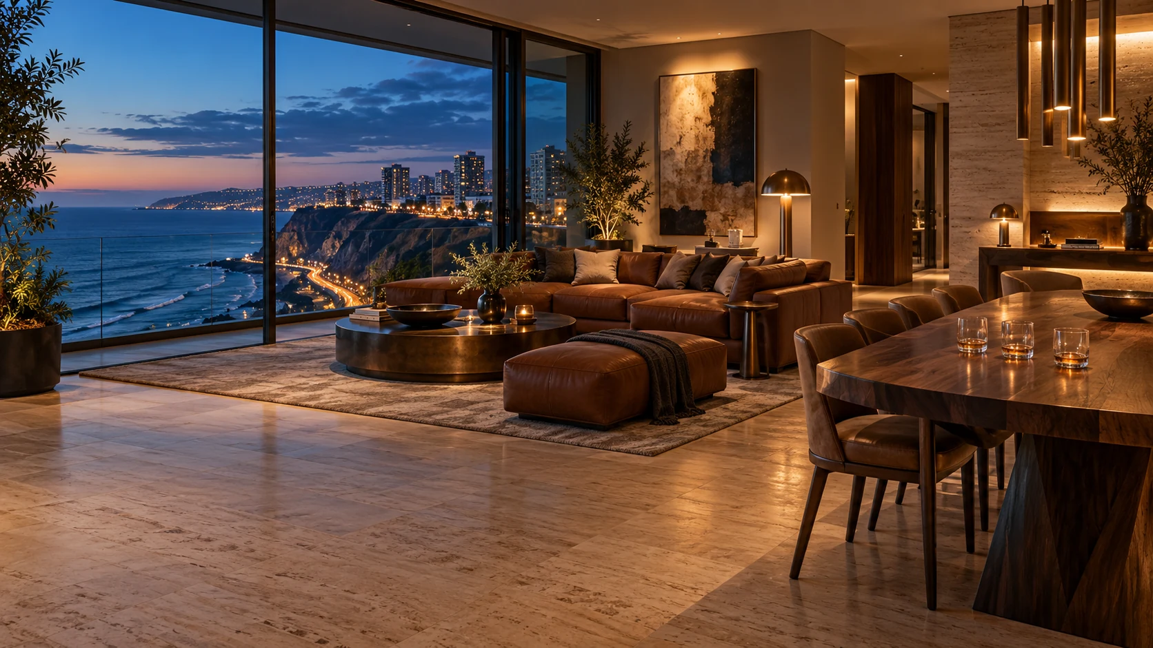 Illustrative concept of a premium Lima apartment living room overlooking the coast, not a photo of the actual property